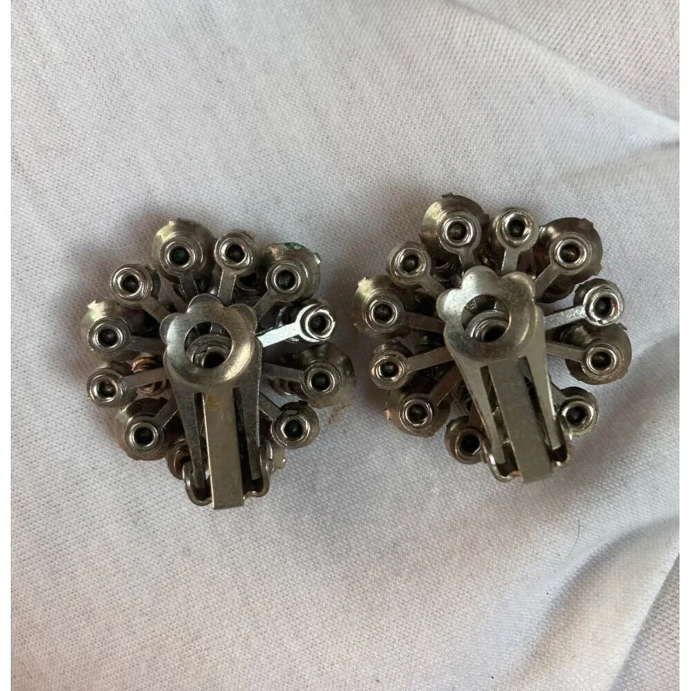 Vintage Rhinestone Cluster Earrings Clip On Pink Gray Prong Set Coquette Girl
